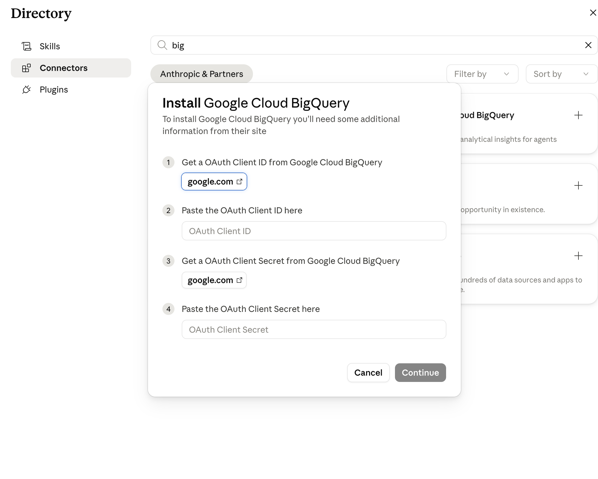 Claude BigQuery connector asking for OAuth Client ID and Secret