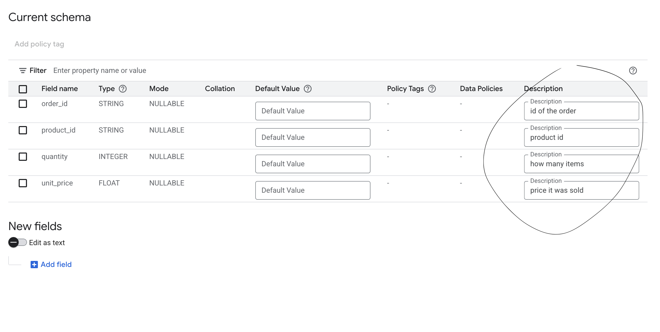 Editing column descriptions in BigQuery schema editor