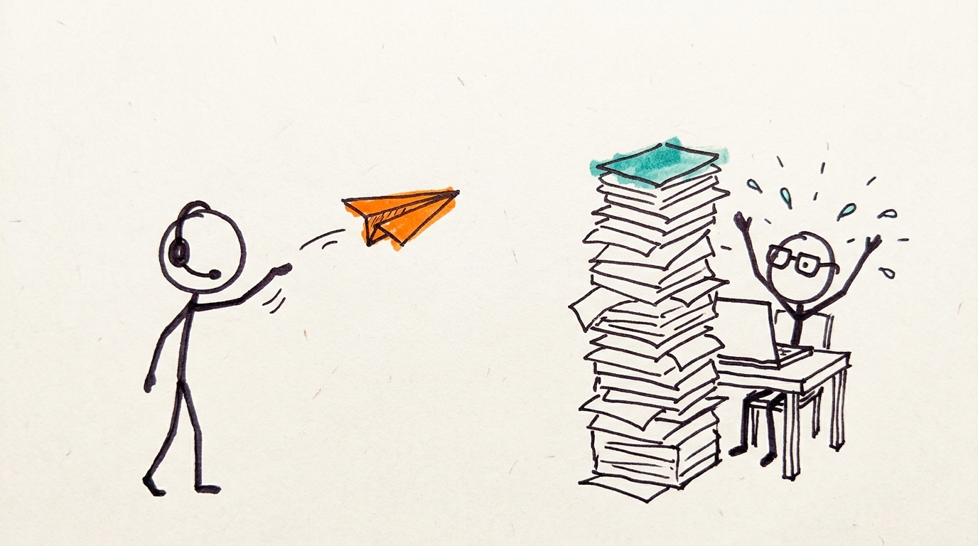 A support rep tosses a ticket as a paper airplane toward a data analyst buried behind a tall stack of requests.