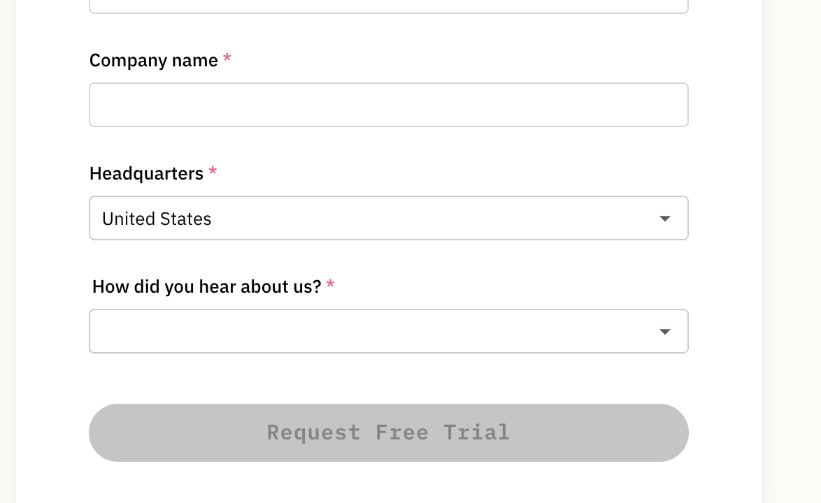 Omni's free trial form asking for company name, headquarters, and how you heard about them, with a Request Free Trial button