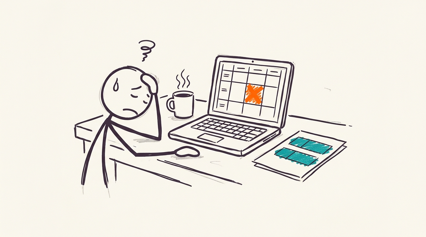 A marketer alone at a laptop on Monday morning, hand on forehead, a broken cell in the spreadsheet and last year's sheet beside it.