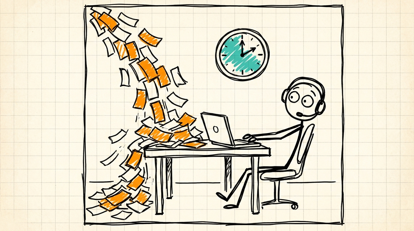 A support rep at a desk as a flood of tickets pours in, with a wall clock showing it is late.