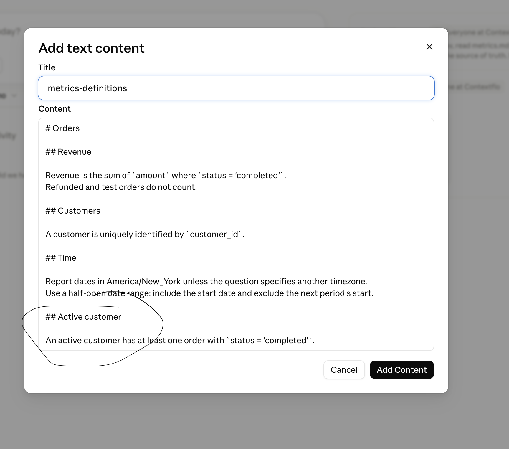 The Add text content dialog re-adding the definitions, now including an Active customer section reading: an active customer has at least one order with status = completed